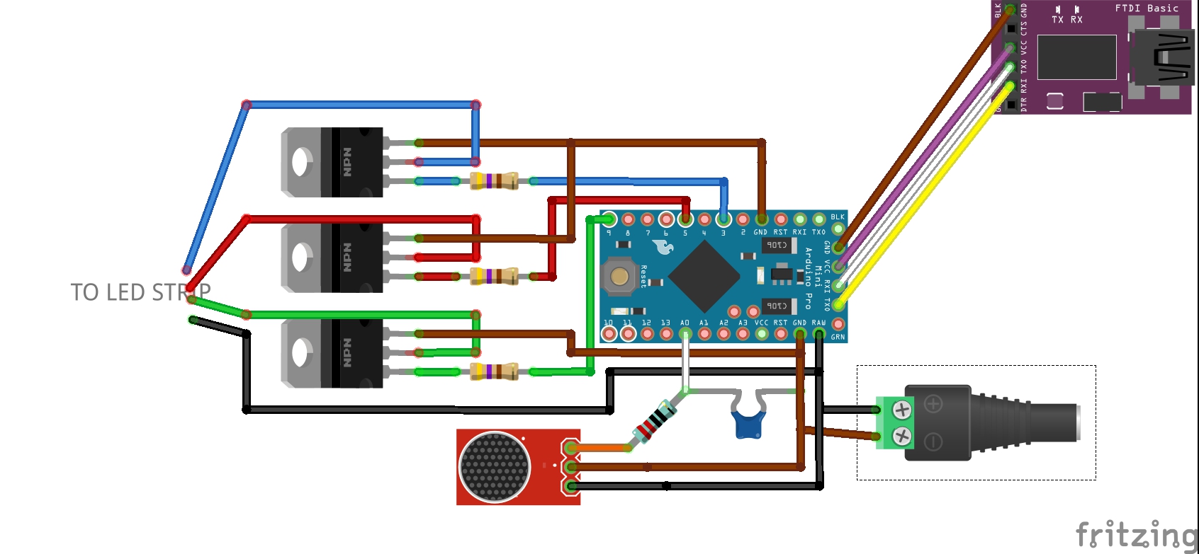 Microphone, arduino, transistors and LED strip circuit